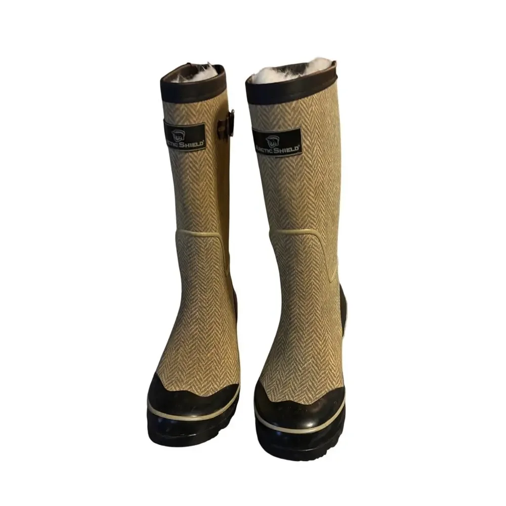 Arctic Shield Beige Herringbone Rubber Insulated Rain Boots Womens Size 6